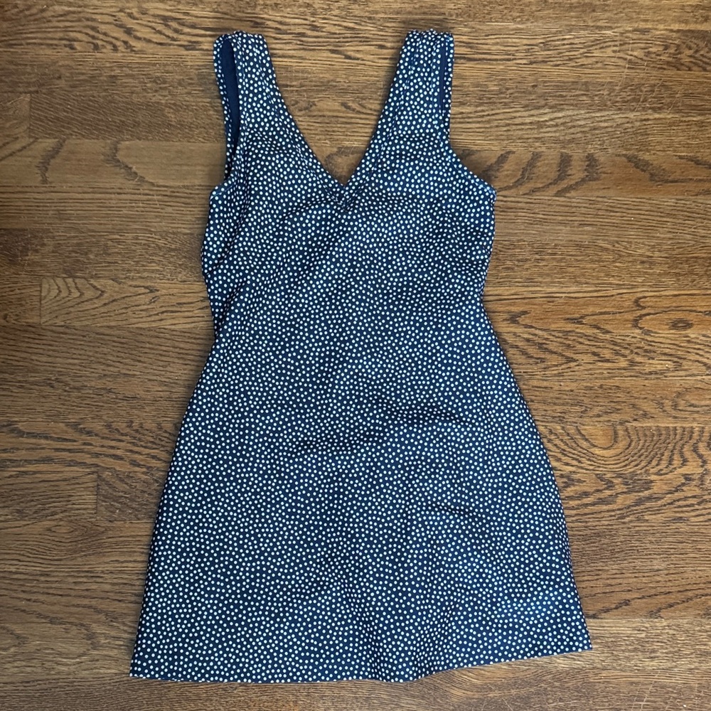 Abercombie YPB sculpt lux Navy and White Polka Dot V-Neck Dress